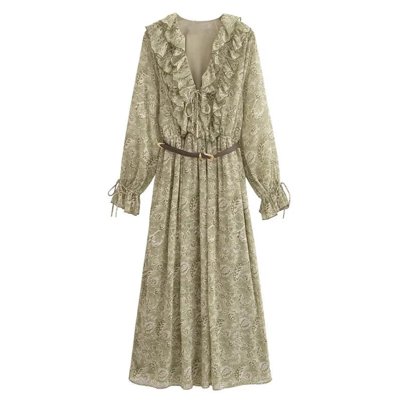 2025 New Spring Womens Dress Flower Printed Long Dresses For Women Long Sleeve Belt Midi Dress Ladies Elegant Party Dresses