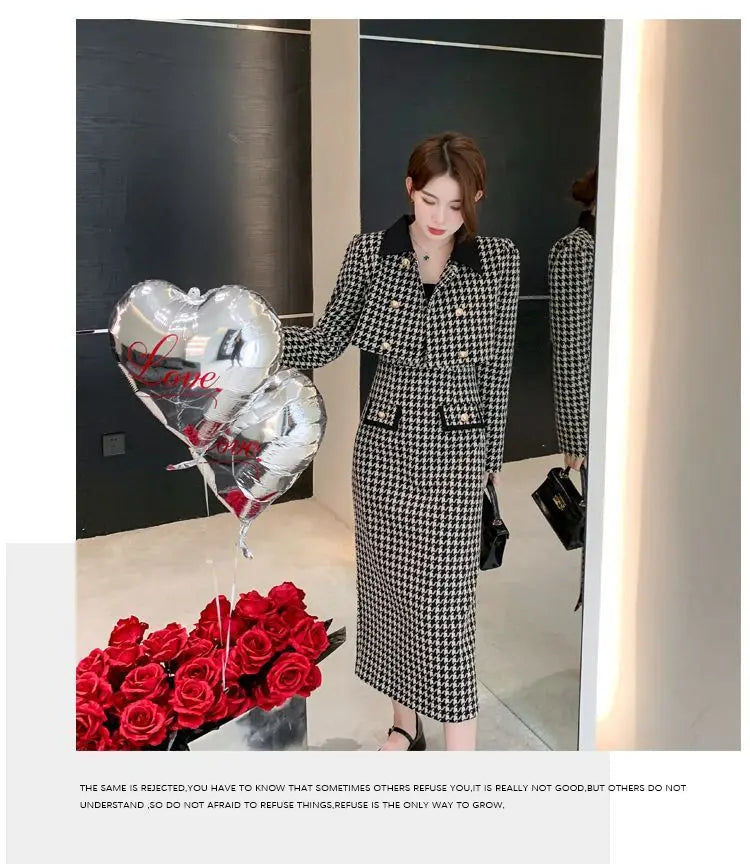 Spring Autumn New Dress Set Women Turn-down Collar Long Sleeve Button Patchwork Cardigan Elegant Slim All-match Slip Dresses