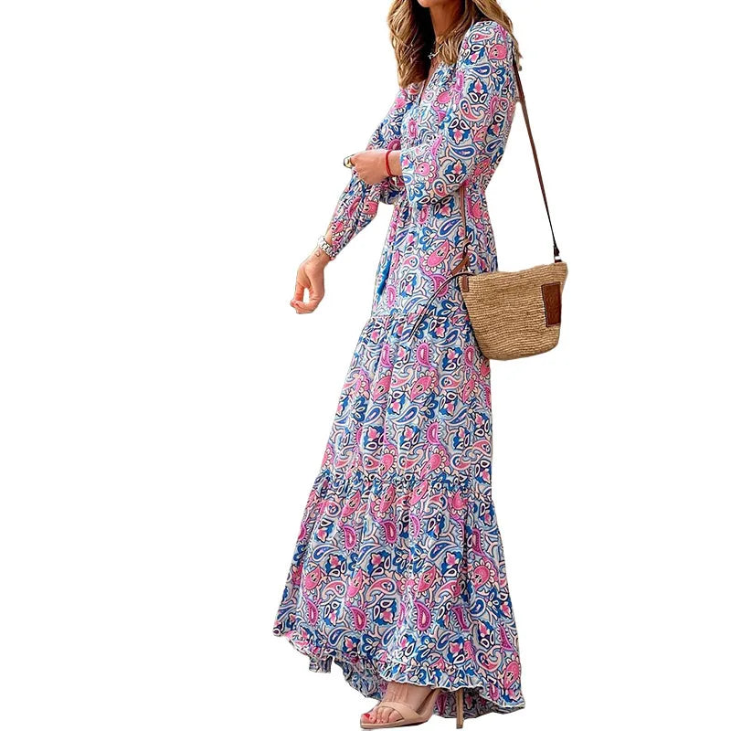 Elegant Women's Flower Long Dresses 2024 Spring New Bohemian Printed Dress Abıye Kadın Abiye Платье Robe Ete Femme Vestidos