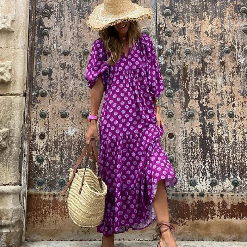 Spring Summer Loose Maxi Dresses Bohemian Floral Print Puff Sleeve V-Neck 2025 New Beach Dress Bodycon Casual Boho Vestidos Robe