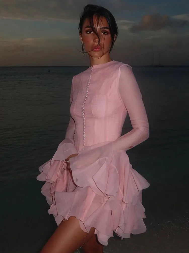 Solid Women Layered Ruffles Midi Dress Fashion Irregular Pleated A-line Long Sleeve Button Robe 2025 Female High Street Vestidos