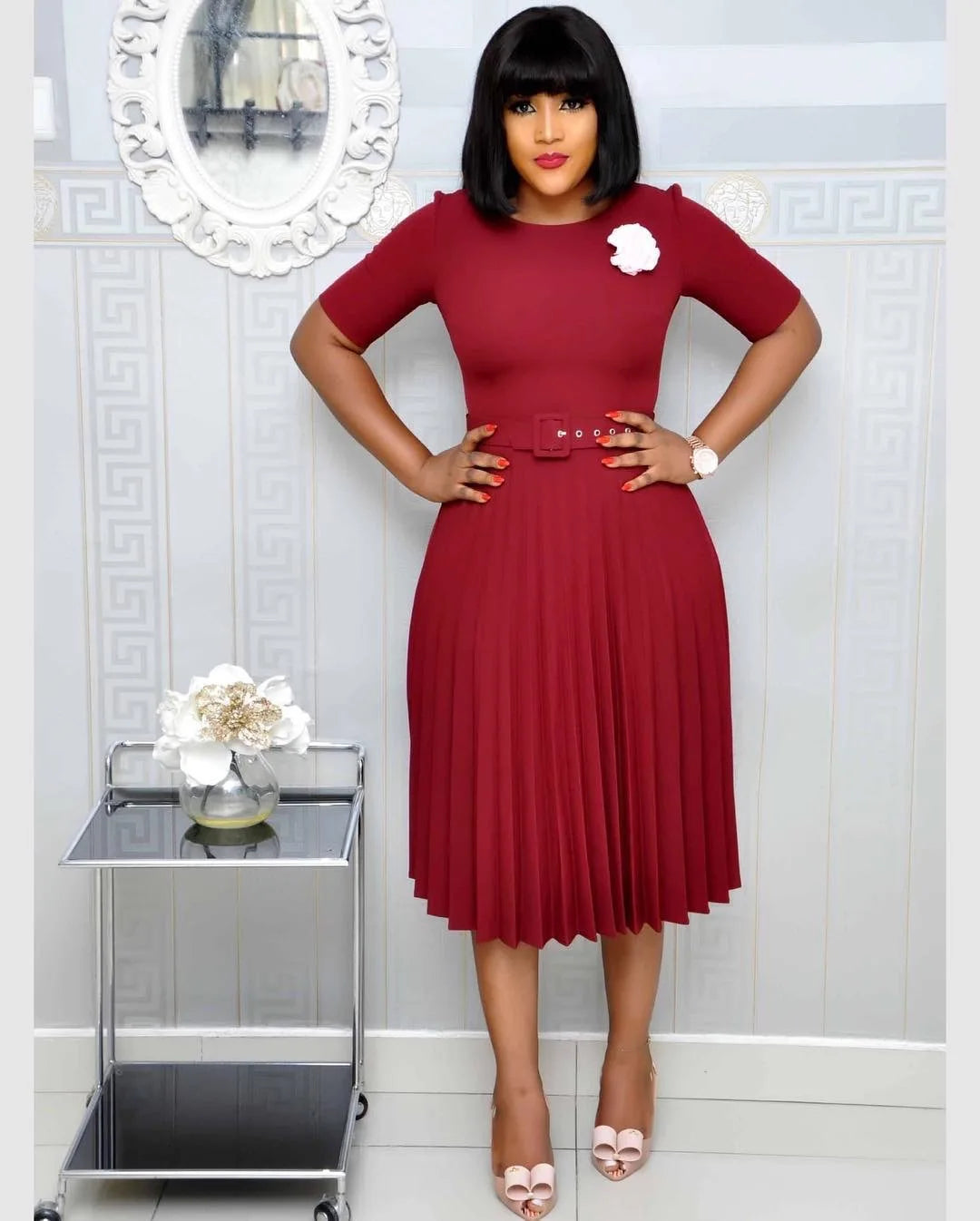Summer Plus Size Pleated S-5Xl Dress Ladies O-Neck Short Sleeve Solid With Belt Mid-Calf Office Lady Elegant Dresses For Women