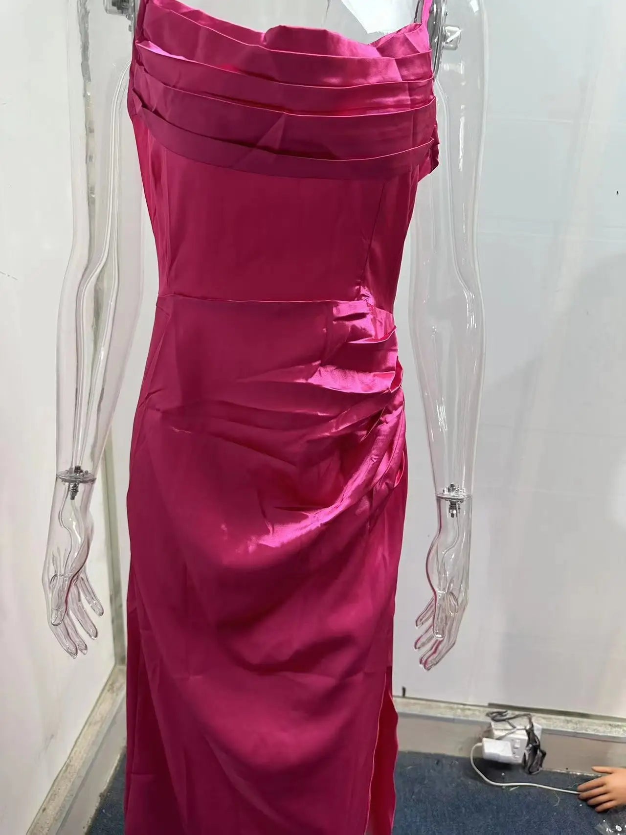 Women's Spring New Bra Shrink Pleated Split Satin Dress Sexy Slim Fit Wrap Hip Dress