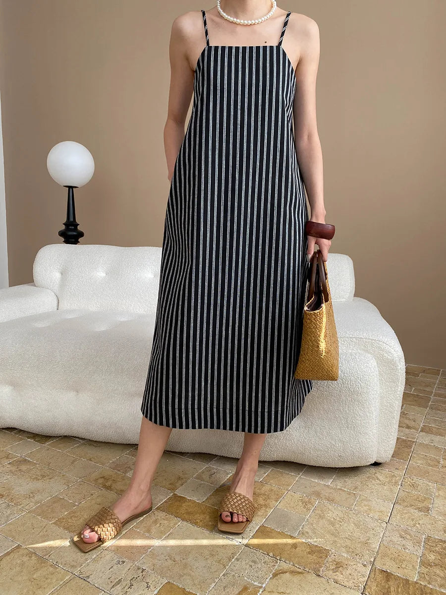 Spring and summer women's casual striped loose suspender dress
