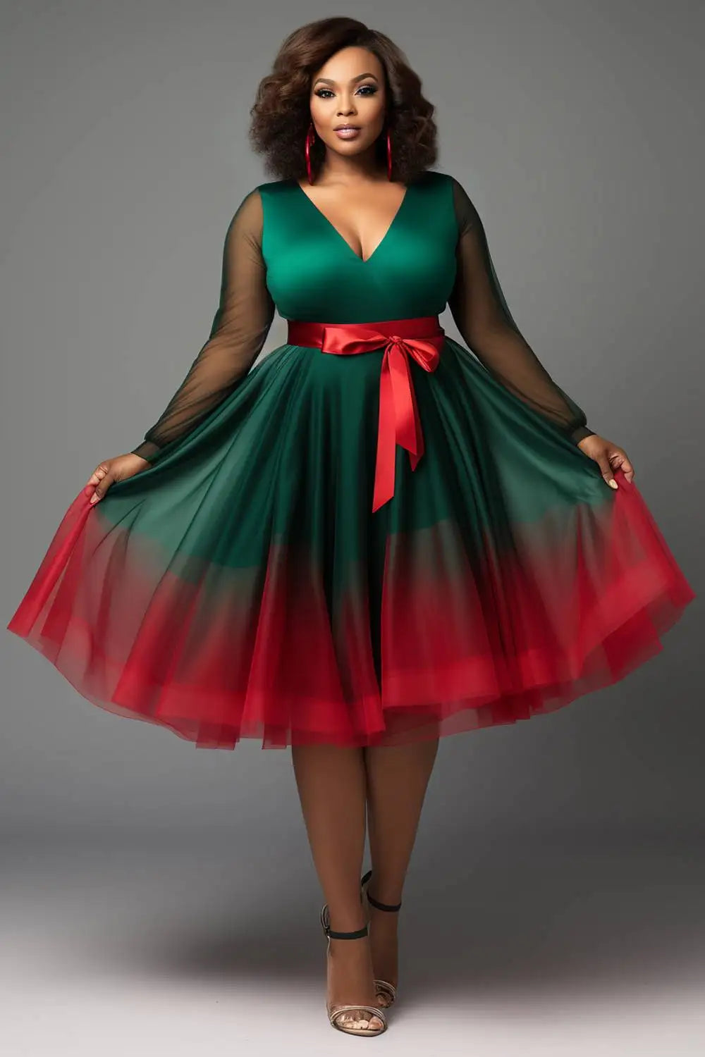 Plus Size Christmas Emerald Green Gradient V Neck Lantern Sleeve Long Sleeve See Through Wrap Tulle Mini Dresses