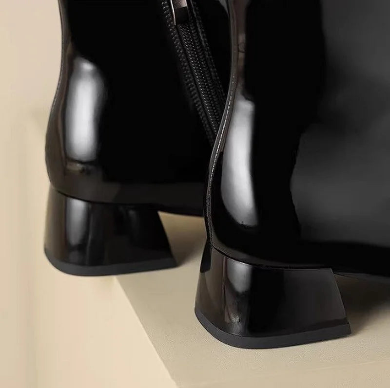 FHC Mixed Colors Ankle Boots,Women's Short Botas,Autumn/Winter Shoes Booties,Square Toe,Pearls,Side Zip,Black,White,Dropship