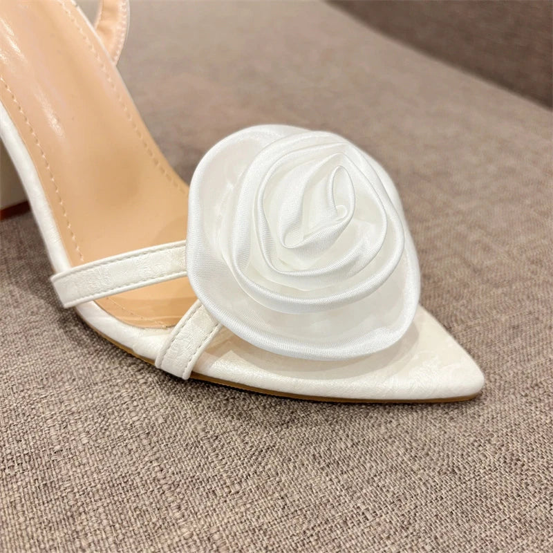 Liyke Summer Fashion Silk Rose Flowers Pointed Open Toe Back Strap Sandals Women Red High Heels Wedding Prom Shoes Zapatos Mujer