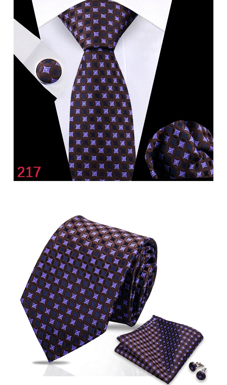 Luxury Plaid Tie For Mens Necktie Handkerchief Pocket Square Cufflinks Set Jacquard Woven Ties Wedding Business Accessories