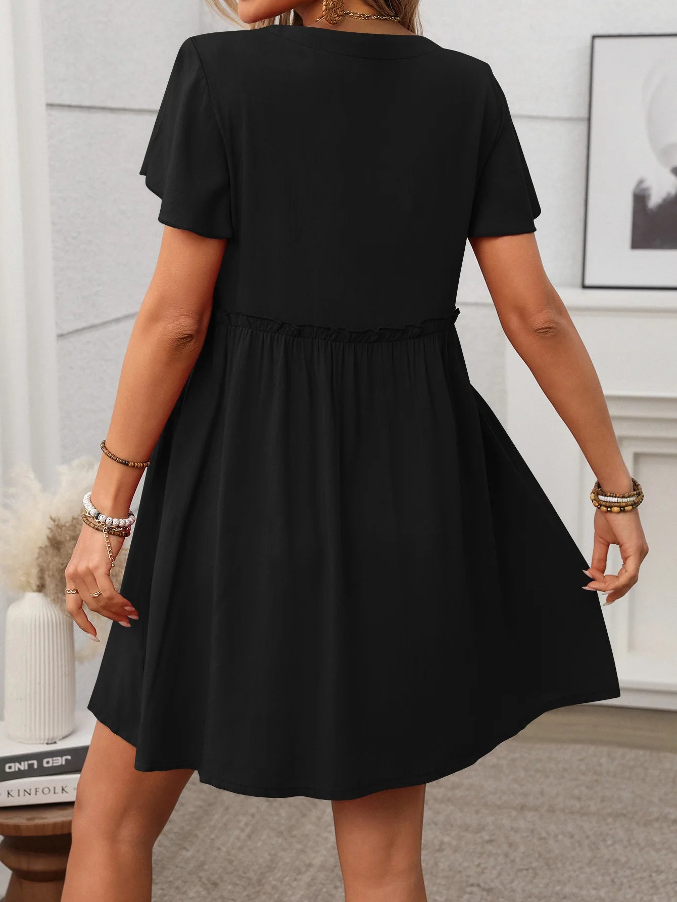Spring Summer Button Down Dress Flutter Sleeve Cotton Linen A Line Dress With Pockets Beach Summer Knee Length Dresses For Women