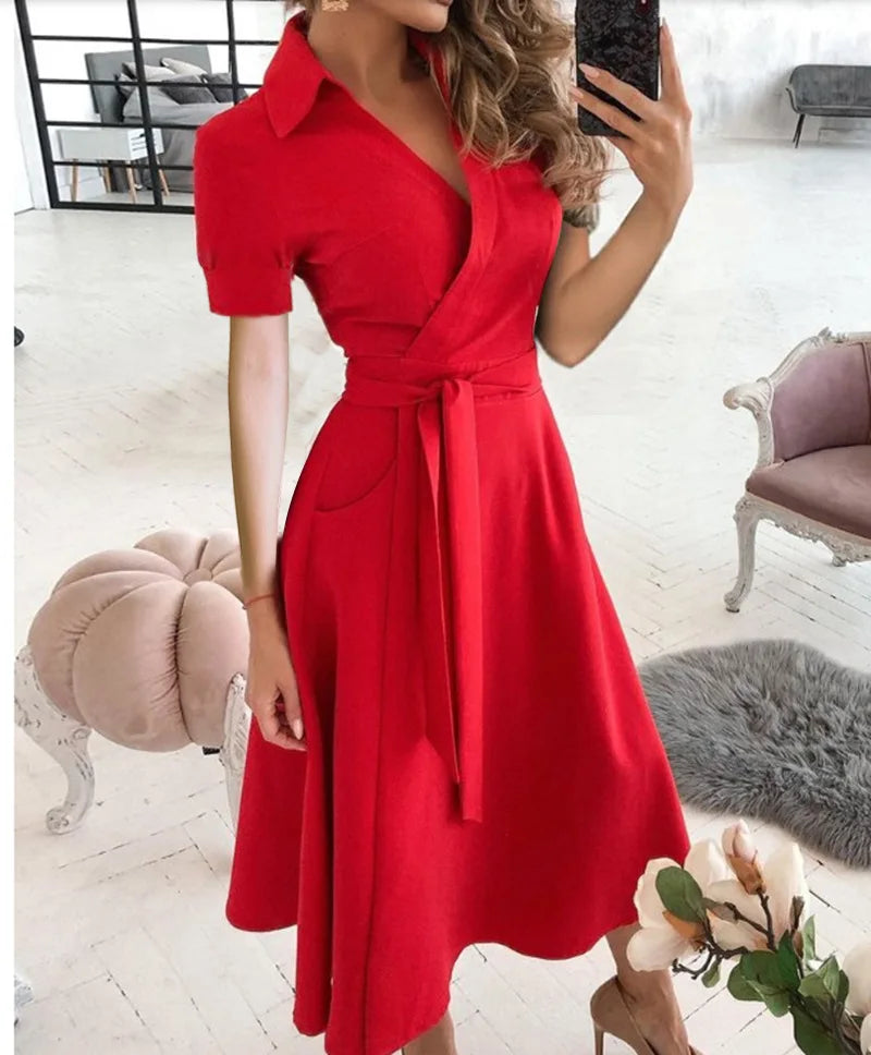 Women's New Short Sleeve Dress Spring Summer Fashion V-neck Printed Bag Hip Dress for Women Temperament Personality Wear