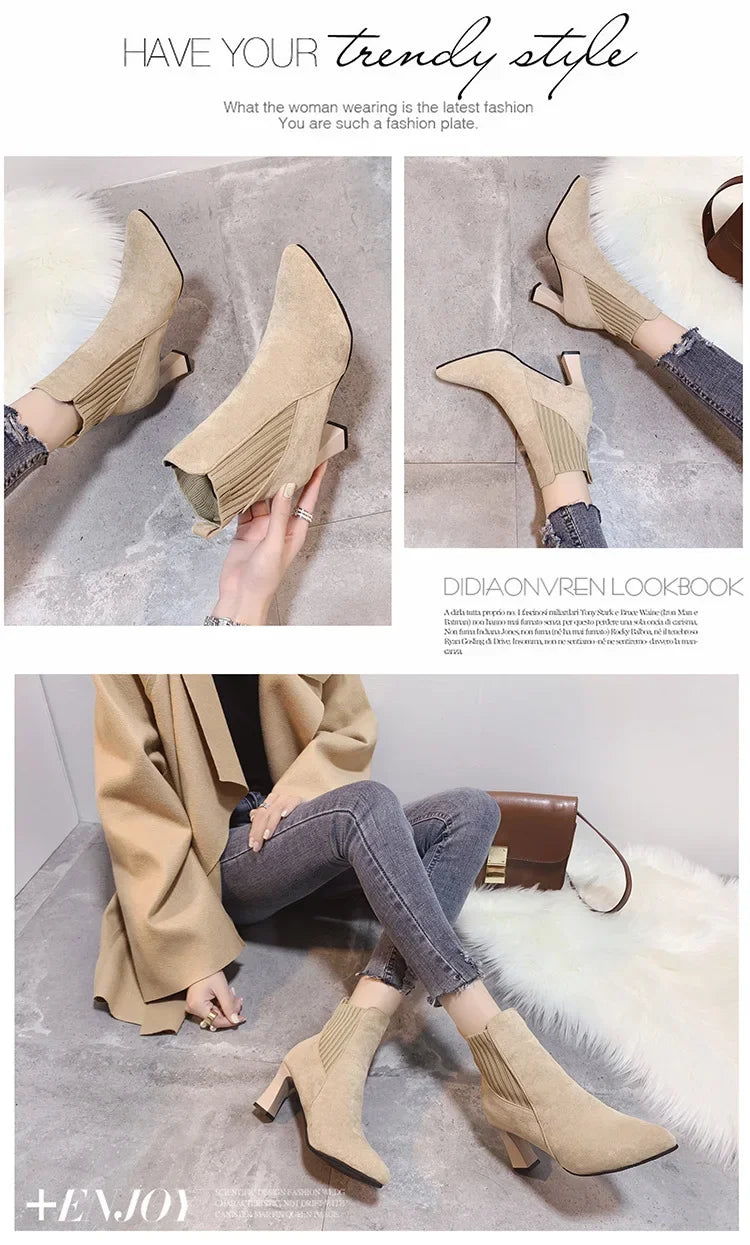 Ankle Boots Women 2024 Autumn Pointed Toe Knitted Warm Elastic Women's Shoes Casual High Heels Platform Boots Botas De Mujer