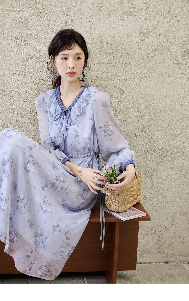 MISHOW Print Spring Summer Dress for Women New 2025 Ruffled V-neck Long Sleeve Blue French Dresses Female Fashion MXE15L2139