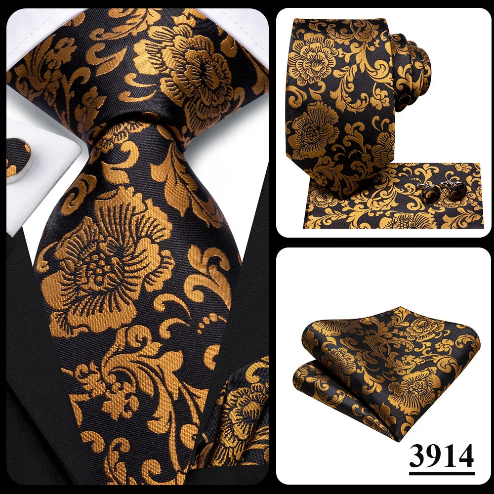 Hi-Tie Psialey Black Gold Silk Elegant Tie For Men Groom Wedding Men Necktie Pocket Square Cufflink Accessory Wholesale Designer