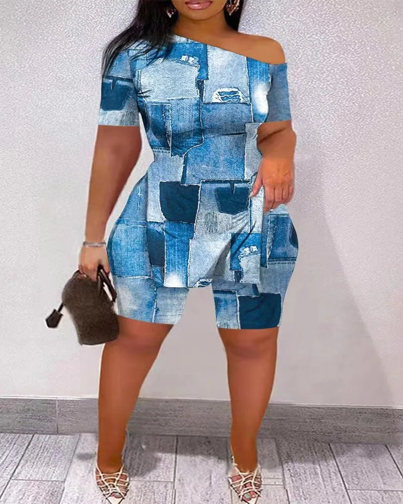 Print Two Piece Shorts Sets Women Skew Collar Short Sleeve Shirts Side Split Tops Pullover Elastic Waist Trousers Summer 2023