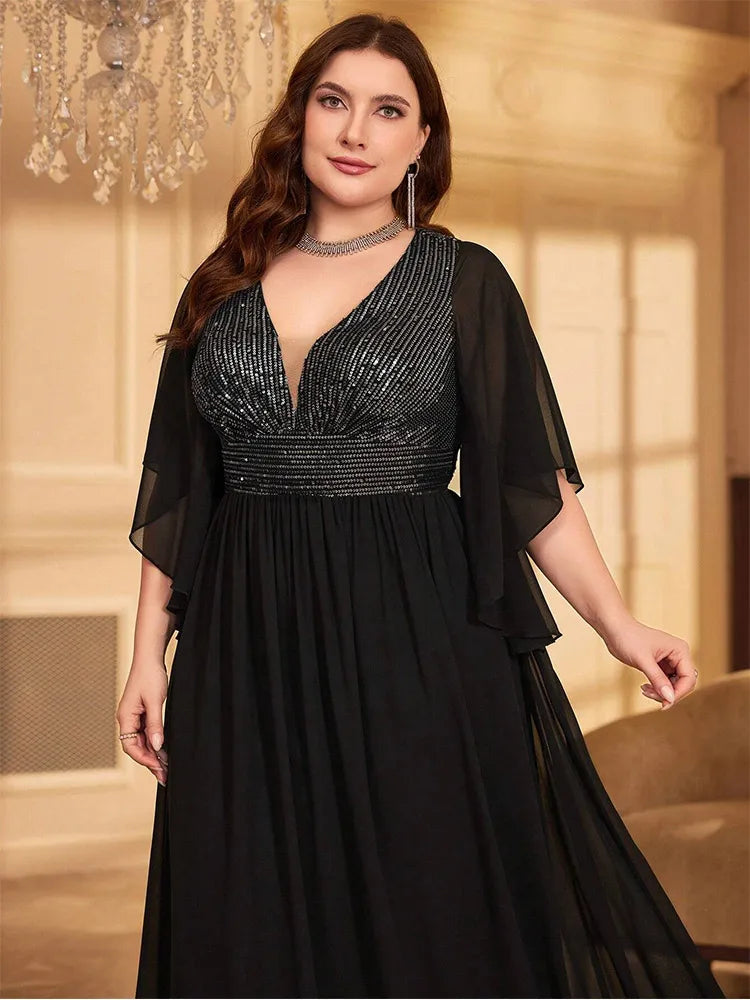 Plus Size V-Neck Black Short-Sleeved Chiffon Summer Evening Dress Bigsize Black Chiffon Floor-Length Bridesmaid Evening Dress