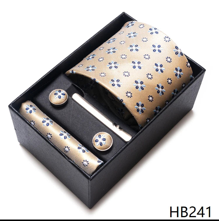 Tie Handkerchief Cufflink Set For Men Necktie Holiday Gift Box Blue Gold Suit Accessories Slim Wedding Gravatas