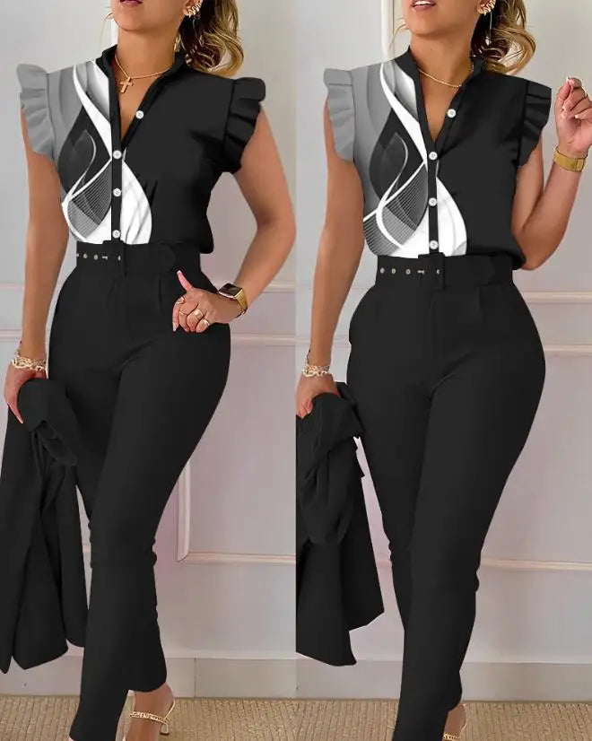 Two Piece Sets Womens Outifits 2023 Summer Fashion Geometric Print Flutter Sleeve Stand Collar Top & Pocket Pants Set with Belt
