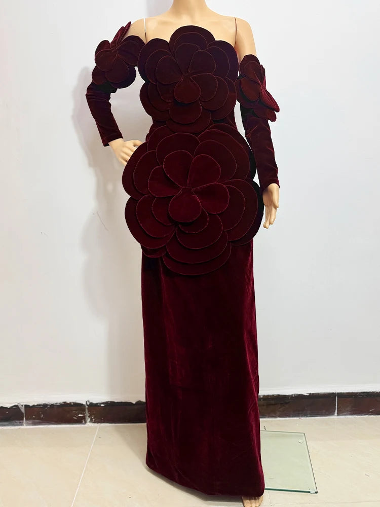 Solid Slimming Fashion Dresses for Women Strapless Sleeveless Patchwork 3D Flower Elegant Dress Female Clothing New