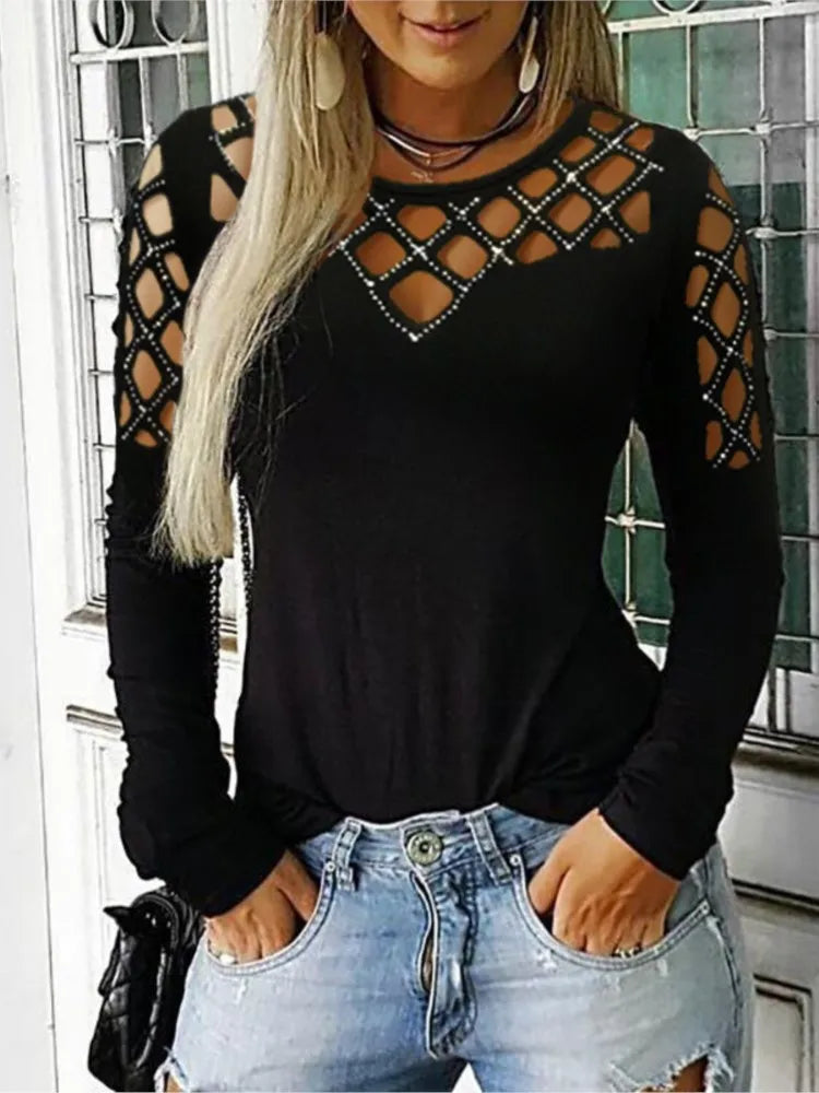 Autumn Winter New Women's Fashion Solid Color Hollow Diamond Splicing Long Sleeve T-shirt Casual Comfortable Top For Women