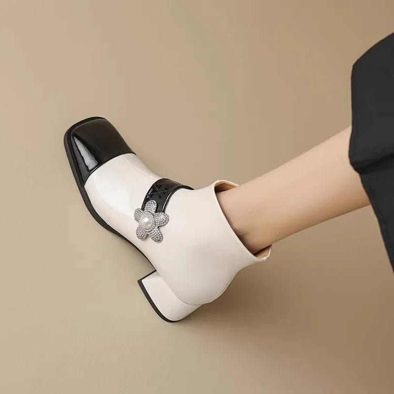 FHC Mixed Colors Ankle Boots,Women's Short Botas,Autumn/Winter Shoes Booties,Square Toe,Pearls,Side Zip,Black,White,Dropship