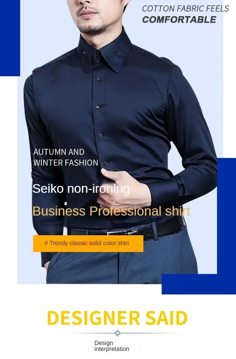 Men's Dress Shirt Autumn Spring Long Sleeve Business Blue Casual Shirts Female Coat Slim-fit Non-ironing Solid Color Black