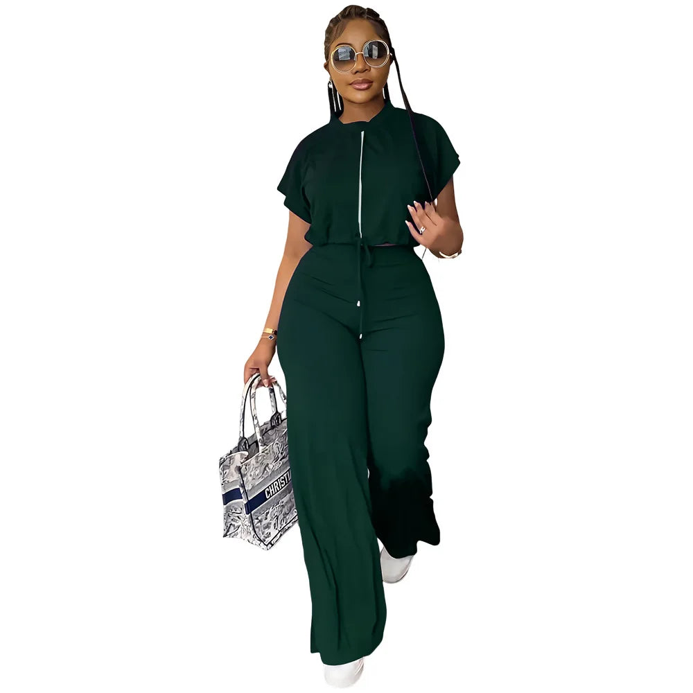 Women Casual Round Neck Drawstring Short Sleeve Top & High Waist Pants Set Summer Solid Two Piece Suit Sets Outfits Set Female