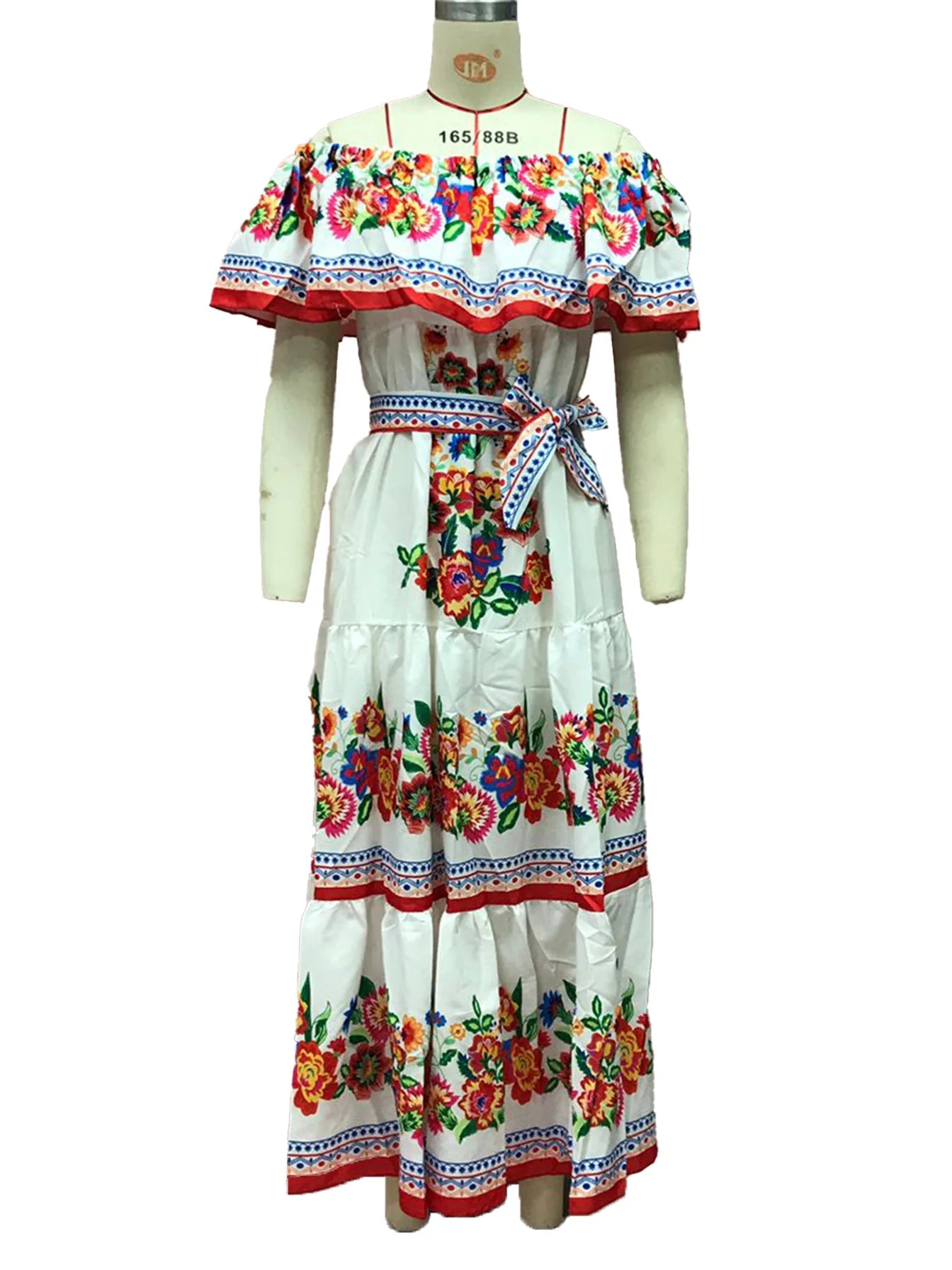 2024 Spring Summer Women's New Sexy One Shoulder Off Shoulder Fashion Red Flower Printed Lace Up Waist Long Swing Dress