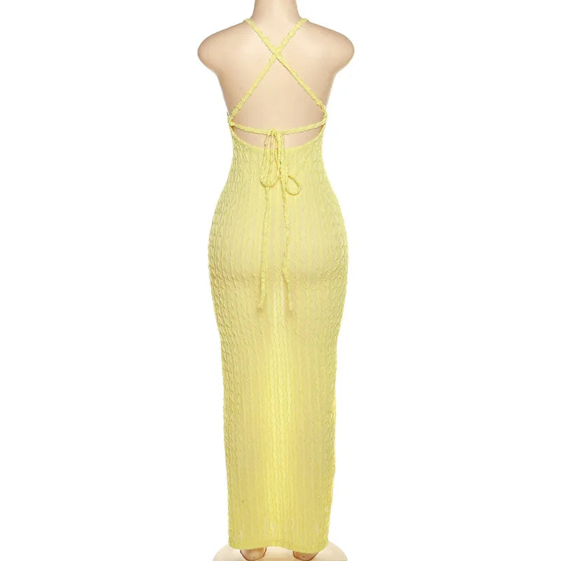 ANJAMANOR Halter Backless Maxi Summer Dresses for Women 2023 Sexy Beach Vacation Outfits Yellow Frilled Slit Long Dress D96-BH26