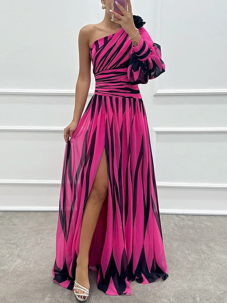 Spring Summer One Off Shoulder Fashion Party Dress, Women Printing Skew Collar Slim Maxi Dress, Long Sleeve Elegant Ladies Dress