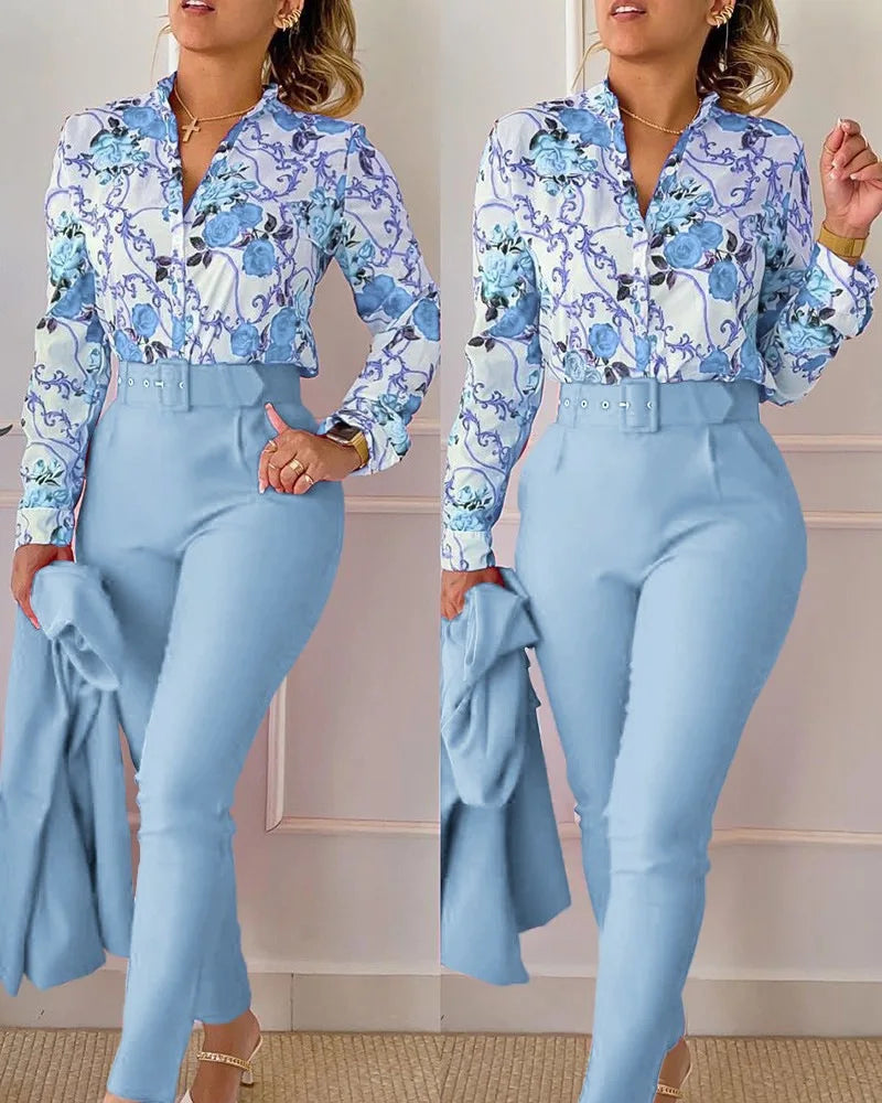 Women's Elegant Autumn/Winter Printed V-Neck Long Sleeve Button Shirt Top Fashion Solid Color Long Pants 2 Piece Set With Belt