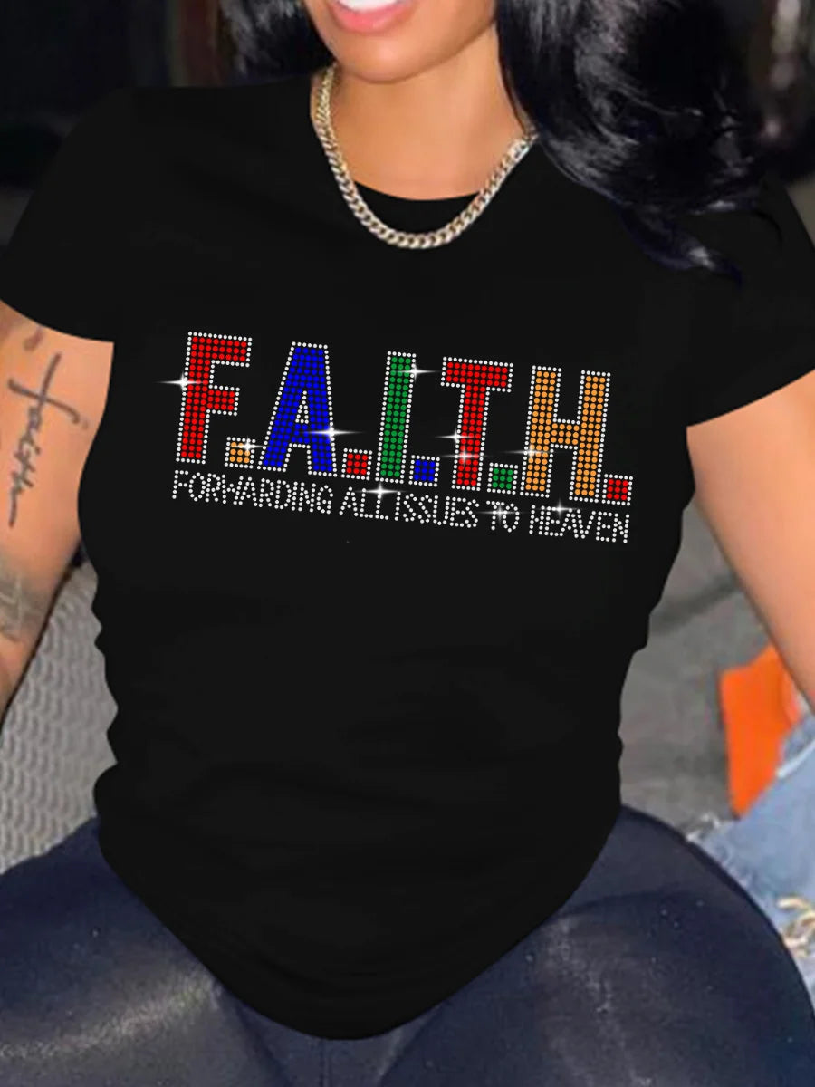 LW Women's Plus Size T-Shirts Letter Graphic Short Sleeve T-shirt Tee Women Casual Rhinestone Decor Tops Summer Women's Clothing