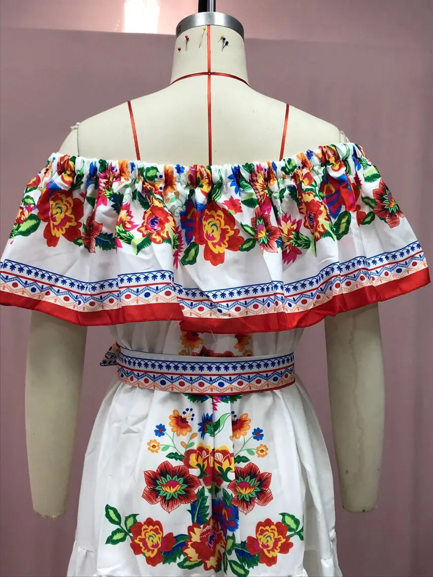 2024 Spring Summer Women's New Sexy One Shoulder Off Shoulder Fashion Red Flower Printed Lace Up Waist Long Swing Dress