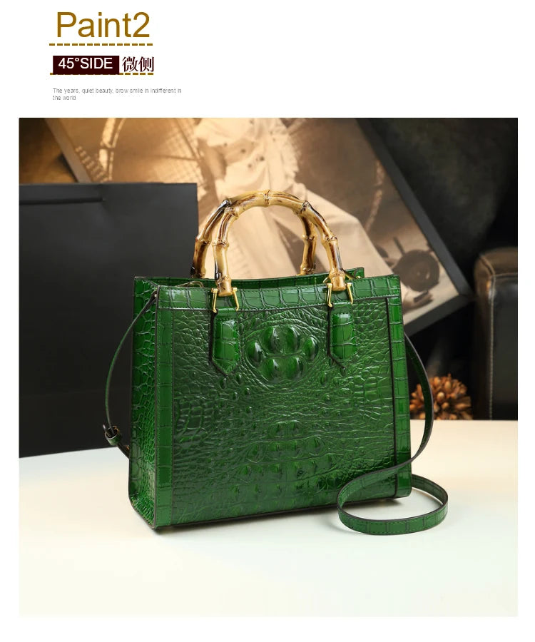 Crocodile Pattern Leather Women's Handbags Bamboo Handle Portable Tote Bag Mom Tide Shoulder Messenger Bags 2025 New Fashion