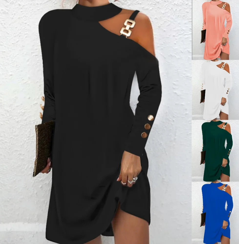 Fashion Women Solid Casual Dress Autumn Winter Female Elegant Long Sleeve Metal Buckle Halter Neck Casual Mini Dress Robe Femme