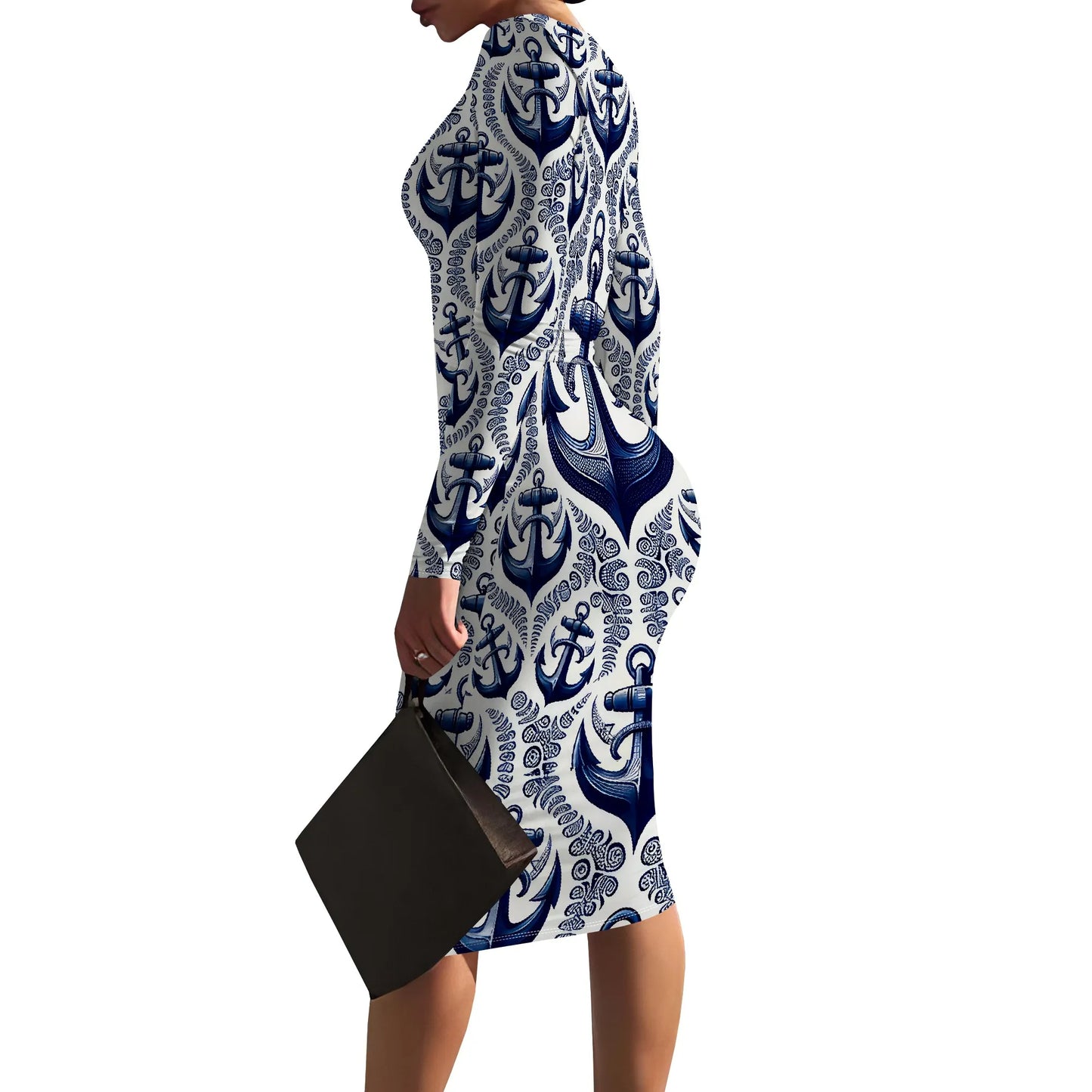 Women's Spring Casual Dress Sexy Slim Pleated Long Sleeve Crew Neck Midi Dress Fashion Out Party Pencil Skirt