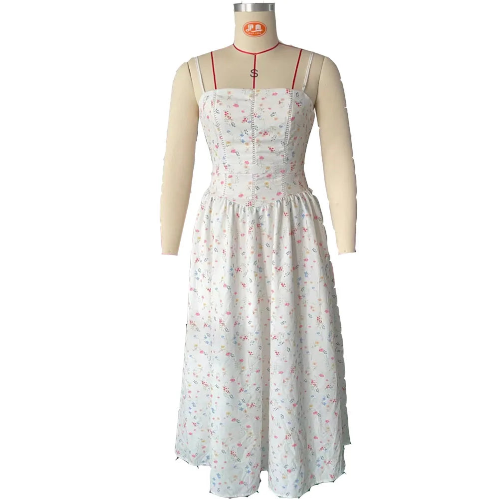 Spring Floral Print Chiffon Holiday Beach Dress Women Sexy V Neck Backless Sling Long Dress Summer Sleeveless Pleated Maxi Dress
