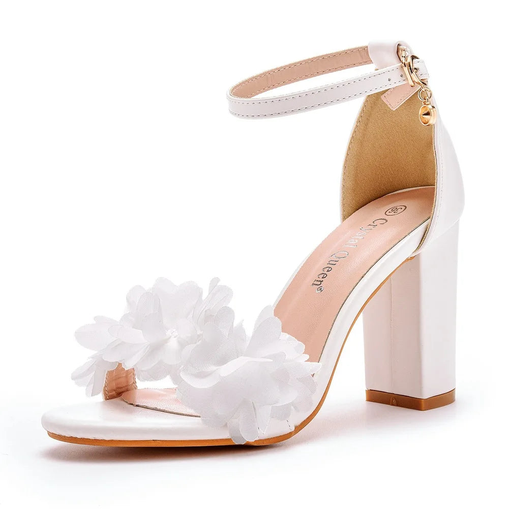 Flower Band Bridesmaide Shoes Woman Wedding High Heels Sandals Ankle Strap Wedges Cover Heeled Tacones Ladies Office Dress Pumps