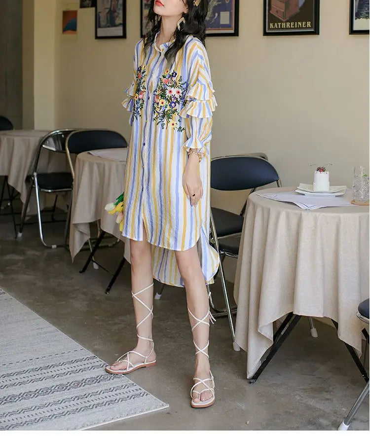 Spring Summer Floral Embroidery Dresses Contrasting Colors Striped Female Single-breasted Ruffles Spliced Straight Midi Dress
