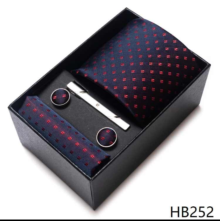 Tie Handkerchief Cufflink Set For Men Necktie Holiday Gift Box Blue Gold Suit Accessories Slim Wedding Gravatas
