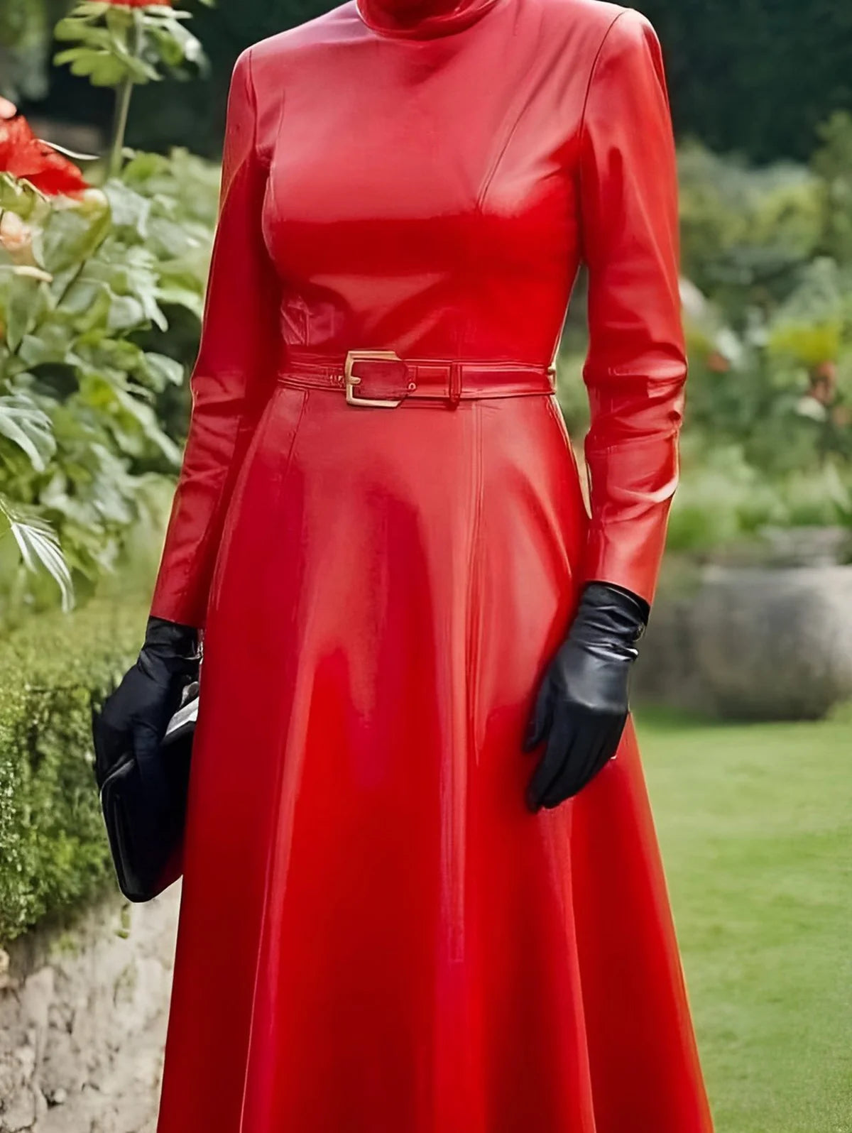Spring Maxi Dresses for Women Mock Neck Red PU Leather Dress Woman Long Sleeve Slim Fit Elegant Dress With Belt
