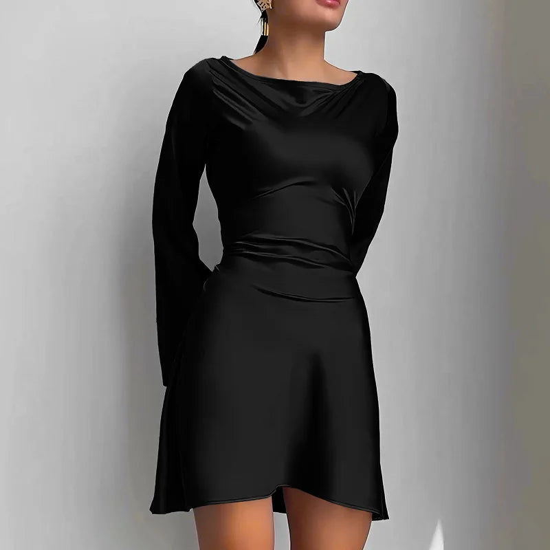 Satin Dress for Women Fashion Vintage Streetwear Dresses Solid Slim Long Sleeve Lace Up Mini Autumn Winter Dresses