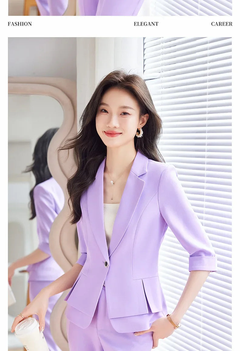 2024 Summer New Women's Petite Casual Seven-Half Sleeve Professional Workwear Purple Thin Suit Jacket Pants Set