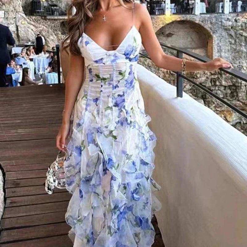 Spring Summer Floral Print Slim Chiffon Dress Female Fashion V Neck Ruffle Long Dress Elegant Sleeveless Party Dresses Vestidos