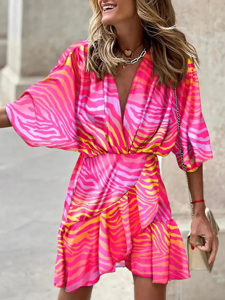 spring Irregular Mini Dress For Women Fashion Print Casual Bohemia Style Vacation Sundress Women's Bat Sleeve Ruffles Dresses