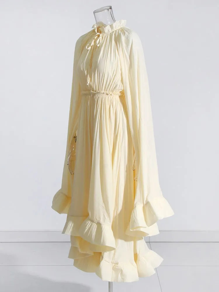TWOTWINSTYLE Elegant Solid Dresses For Women V Neck Cloak Sleeves High Waist Spliced Lace Up Ruffles Pleated Dress Female Summer
