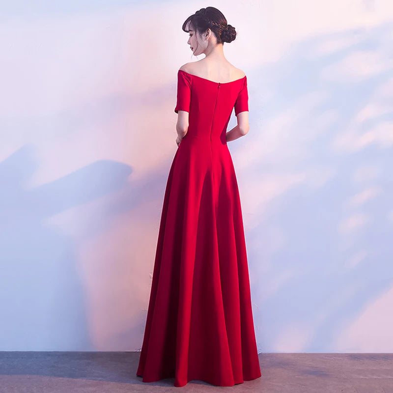 Spring Women Red Evening Party Dresses Short Sleeve V Neck Fit And Flare Long Maxi Summer Dress Lady Prom Gown Robe Longue Femme
