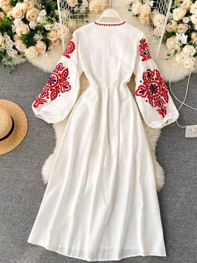 Spring Autumn Women Dresses Bohemian Embroidered Flower O-Neck Lantern Sleeve High Waist Dress All-match Female Vestidos PL393