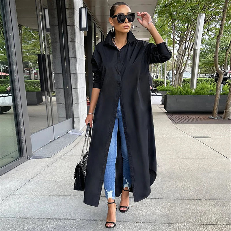 Spring Summer Long Sleeve Shirt Dress Women Turn-down Collar Button Up Straight Maxi Dress Loose Casual Long Dresses Vestidos