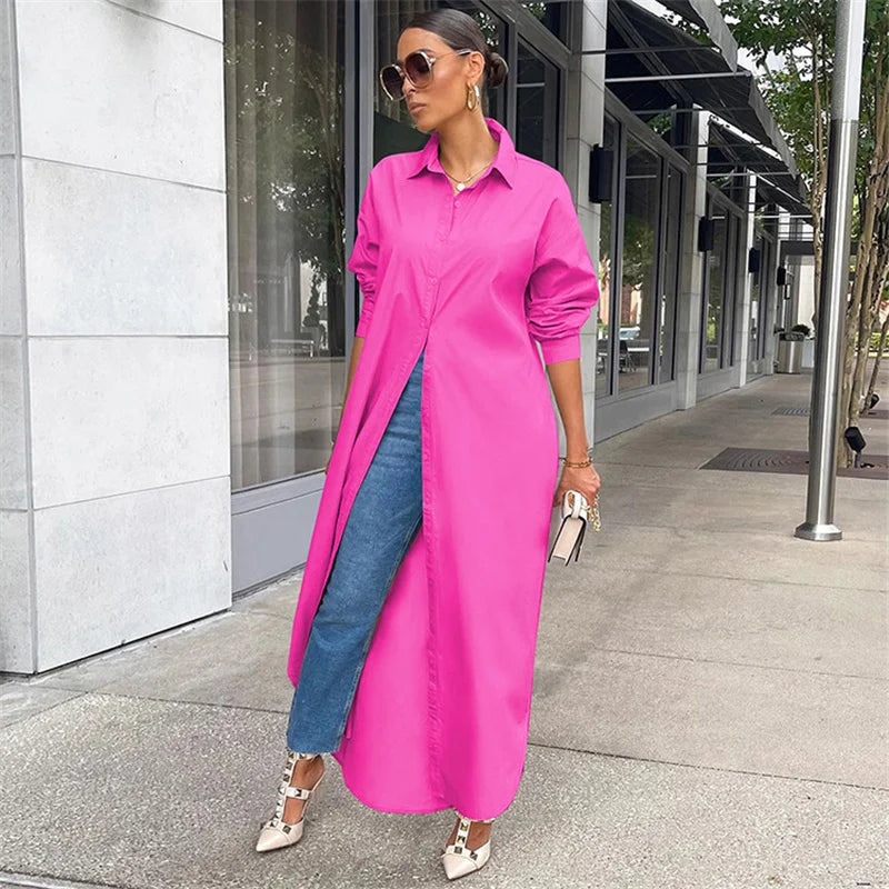 Spring Summer Long Sleeve Shirt Dress Women Turn-down Collar Button Up Straight Maxi Dress Loose Casual Long Dresses Vestidos