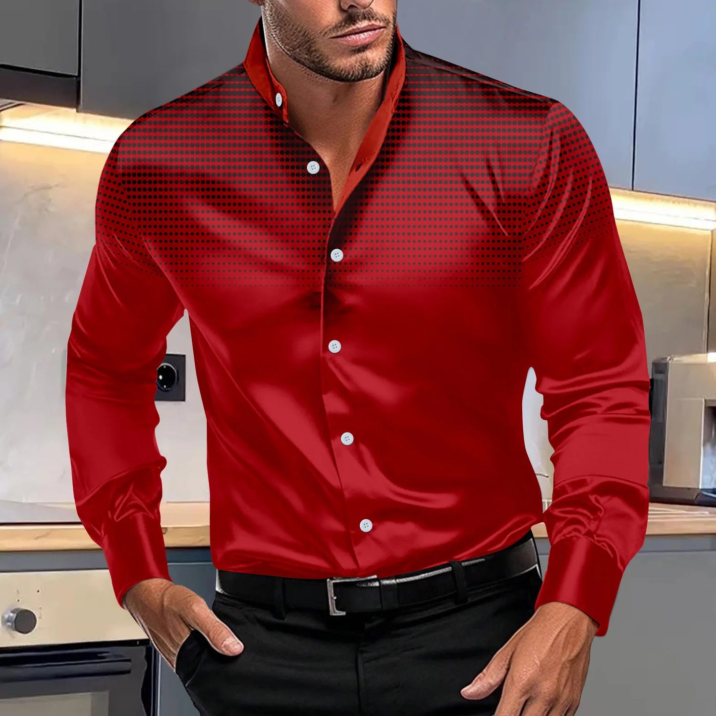 Spring autumn men's fashion evening dress four round polka dot printed long-sleeved shirt stand collar gradient top